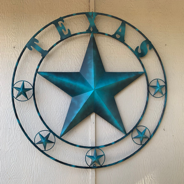 50" TEXAS LONESTAR TURQUOISE DISTRESSED TWO TONE METAL BARN STAR TWISTED ROPE RING WALL ART WESTERN HOME DECOR HANDMADE NEW #EH10483