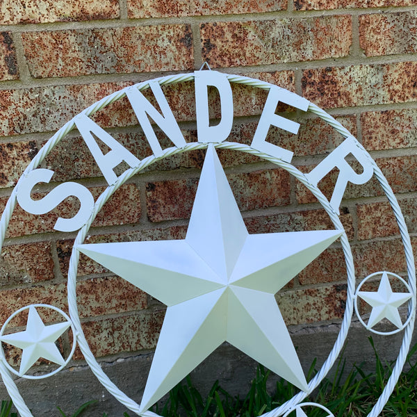 SANDER STYLE YOUR CUSTOM NAME STAR METAL BARN WHITE STAR 3d WITH TWISTED ROPE RING DESIGN METAL WALL ART WESTERN HOME DECOR VINTAGE RUSTIC NEW HANDMADE, 24", 32", 36", 40", 44", 46", 50"
