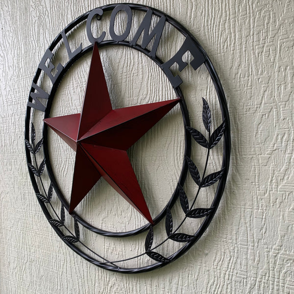 24" WELCOME LEAF LEAVES STAR METAL WALL ART WESTERN HOME DECOR RUSTIC RED HANDMADE