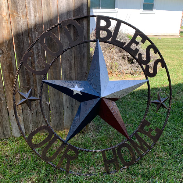 24", 32", 40" GOD BLESS OUR HOME LICENSE PLATE BARN METAL STAR ROPE RING WALL ART WESTERN HOME DECOR RED WHITE & BLUE