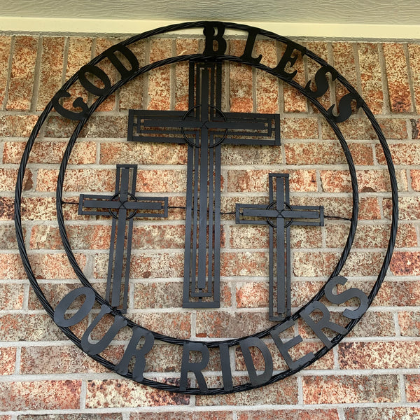 40"GOD BLESS OUR RIDERS CRUCIFIX BLACK CROSS METAL WALL ART HANDMADE