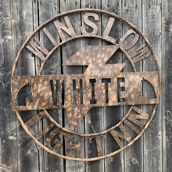 CUSTOM NAME LIGHTNIN HORSE SIGN RAW METAL BARN ROPE RING WESTERN HOME DECOR HANDMADE 24",32",36"