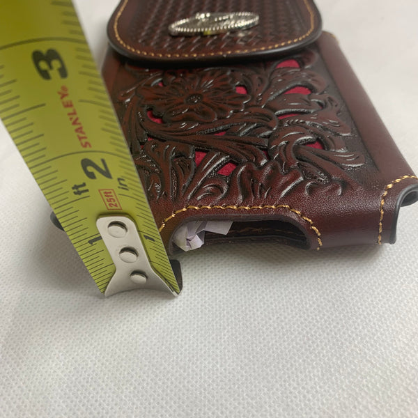 #LG2004  7.5" HORSE COFFEE BROWN & RED LEATHER POUCH EXTRA LARGE  BELT LOOP HOLSTER CELL PHONE CASE UNIVERSAL OVERSIZE