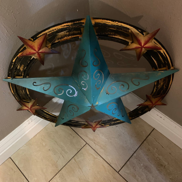 #RT5045 TURQUOISE CARVED CUT STAR 26",36", BARN METAL WESTERN HOME DECOR HANDMADE NEW