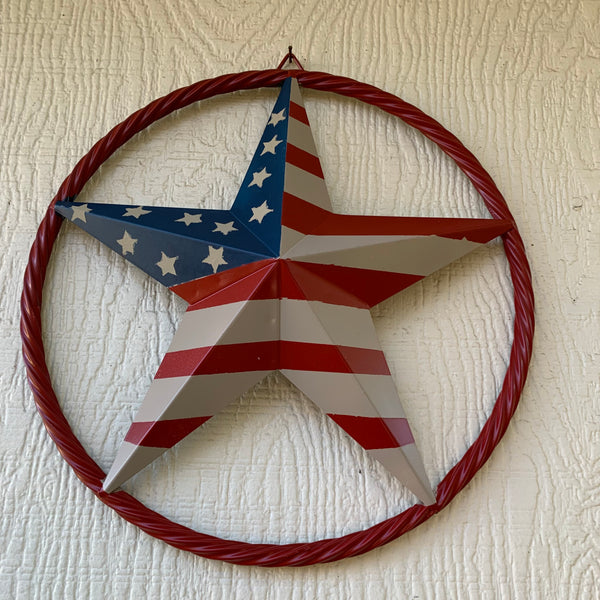 AMERICAN Flag USA Metal Barn Star RED , BEIGE, NAVY BLUE WITH RED Rope Ring Western Home Decor Handmade 12",16",24",30",34",36",40",48"