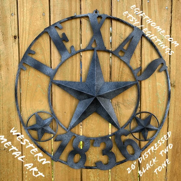 20" DISTRESSED BLACK TEXAS 1836 BARN LONE STAR TWO TONE METAL ART WESTERN HOME DECOR VINTAGE RUSTIC DARK BRONZE NEW