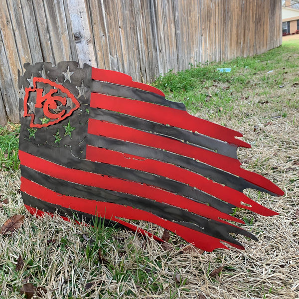 KANSAS CITY CHIEFS METAL TATTERED FLAG CUSTOM VINTAGE CRAFT WALL ART HANDMADE