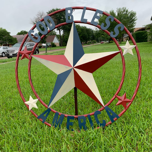 #EH10489 GOD BLESS AMERICA USA FLAG BARN STAR METAL RED WHITE BLUE WESTER HOME DECOR HANDMADE NEW