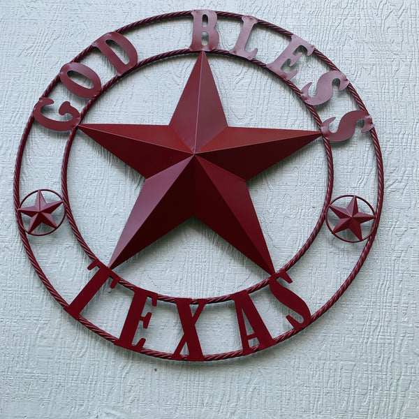 24",32",40",50" BURGUNDY RED GOD BLESS TEXAS BARN STAR ROPE RING METAL WALL ART WESTERN HOME DECOR NEW