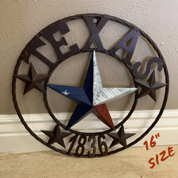 16", 24", 32", 34", 40" TEXAS 1836 LICENSE PLATE FLAG BARN STAR METAL WALL WESTERN HOME DECOR RED WHITE BLUE ART