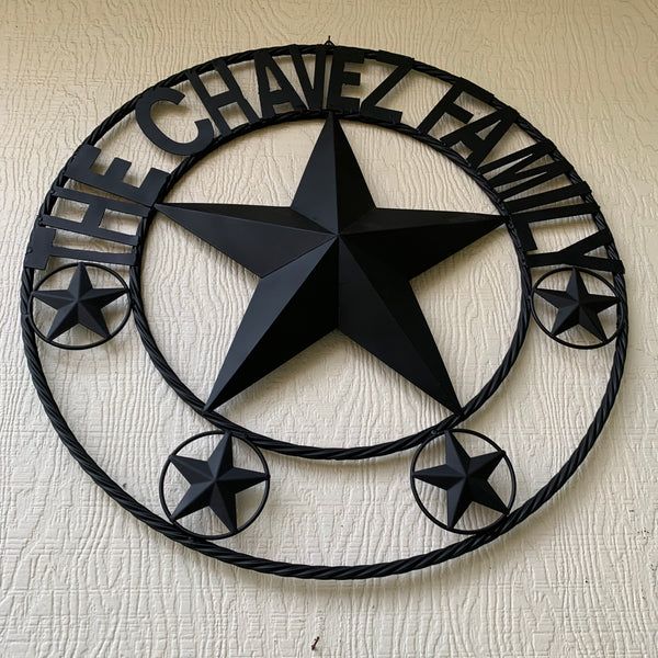CHAVEZ STYLE CUSTOM FAMILY NAME STAR BLACK STEEL METAL BARN STAR ROPE RING WESTERN HOME DECOR VINTAGE NEW HANDMADE 24",32",34",36",40",42",44",46",50"
