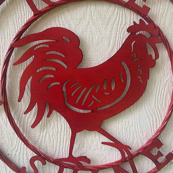 #SI_B9504 RISE & SHINE 24" RED ROOSTER CHICKEN METAL SIGN WESTERN HOME DECOR HANDMADE NEW