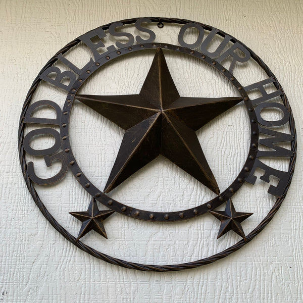 24" GOD BLESS OUR HOME BEADED BARN STAR WITH TWISTED ROPE RING DESIGN METAL WALL ART WESTERN HOME DECOR VINTAGE RUSTIC DARK BRONZE COPPER NEW