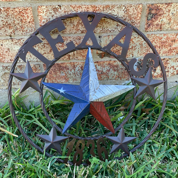 16", 24", 32", 34", 40" TEXAS 1836 LICENSE PLATE FLAG BARN STAR METAL WALL WESTERN HOME DECOR RED WHITE BLUE ART