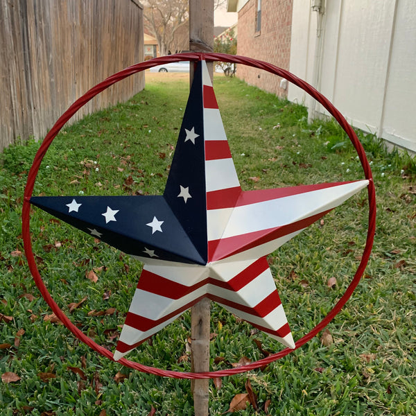 AMERICAN Flag USA Metal Barn Star RED, WHITE & BLUE WITH RED Rope Ring Western Home Decor Handmade 12",16",24",30",34",36",40",48"