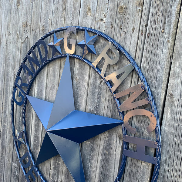 GRAND G RANCH STYLE CUSTOM NAME STAR RUSTIC NAVY BLUE METAL BARN STAR ROPE RING WESTERN HOME DECOR HANDMADE