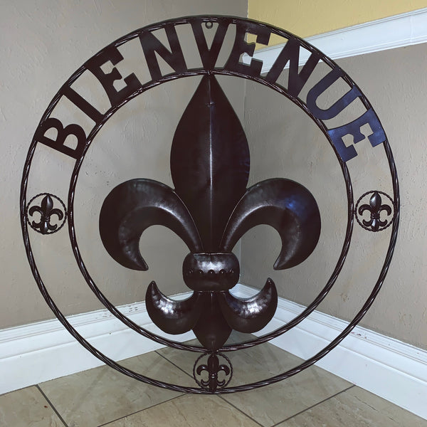 24", 32" FLEUR DE LIS BIENVENUE METAL WALL ART WESTERN HOME DECOR RUSTIC BROWN NEW
