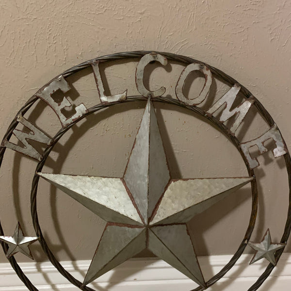 #RT6160 WELCOME GALV 24" METAL BARN STAR TWISTED RING WESTERN HOME DECOR HANDMADE NEW