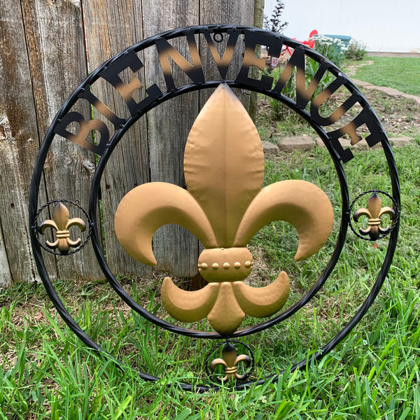 BIENVENUE FLEUR DE LIS METAL WALL ART WESTERN HOME DECOR RUSTIC GOLD & BLACK NEW--FREE SHIPPING