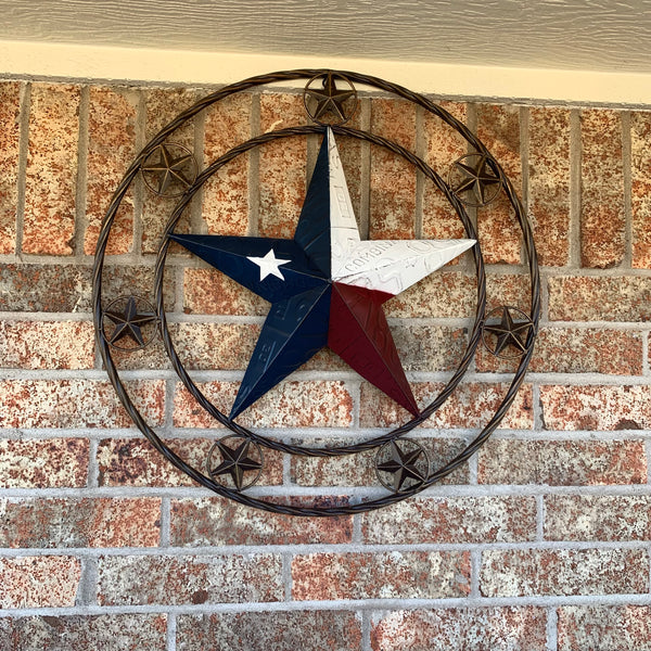 24" LICENSE PLATE MULTI STAR RED WHITE BLUE METAL BARN STAR WESTERN HOME DECOR NEW