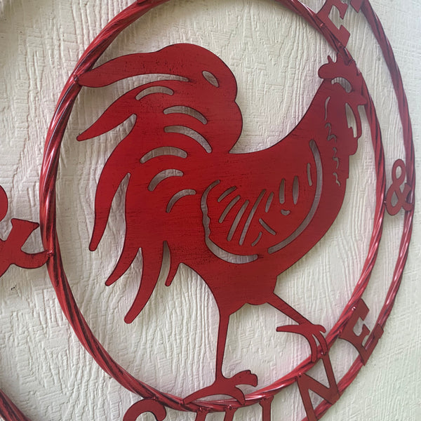 #SI_B9504 RISE & SHINE 24" RED ROOSTER CHICKEN METAL SIGN WESTERN HOME DECOR HANDMADE NEW