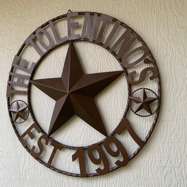 TOLENTINOS STYLE YOUR CUSTOM FAMILY NAME STAR METAL BARN STAR ROPE RING WESTERN HOME DECOR VINTAGE RUSTIC BROWN NEW HANDMADE 24",32",36",40",50"