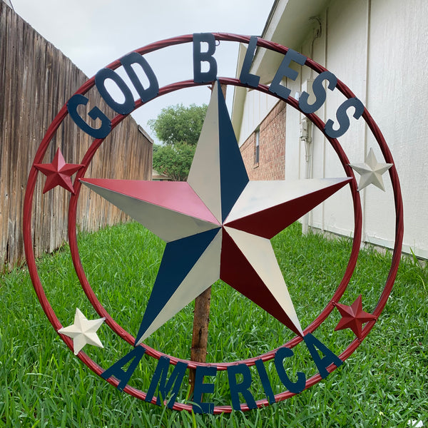 #EH10489 GOD BLESS AMERICA USA FLAG BARN STAR METAL RED WHITE BLUE WESTER HOME DECOR HANDMADE NEW