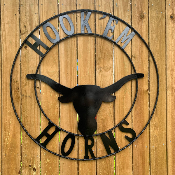 HOOKEM HORNS GLOSSY BLACK TEXAS LONGHORNS HOOK EM METAL CUSTOM VINTAGE CRAFT WALL ART TEAM SIGN HANDMADE