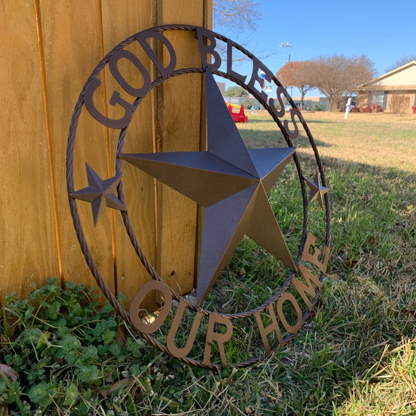 #EH11021 GOD BLESS OUR HOME BARN METAL STAR TWISTED ROPE RING WESTERN HOME DECOR HANDMADE NEW