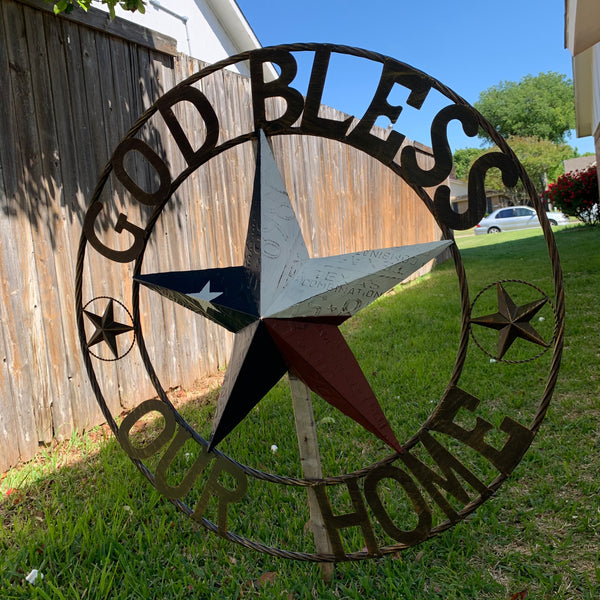 24", 32", 40" GOD BLESS OUR HOME LICENSE PLATE BARN METAL STAR ROPE RING WALL ART WESTERN HOME DECOR RED WHITE & BLUE