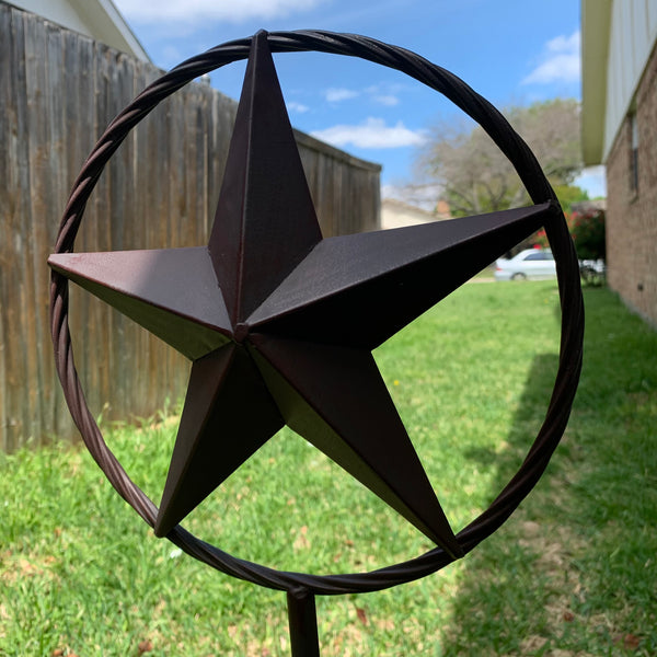 10",12",16",24" STAR STAKE METAL BARN STAR WITH TWISTED ROPE RING WESTERN HOME DECOR BROWN