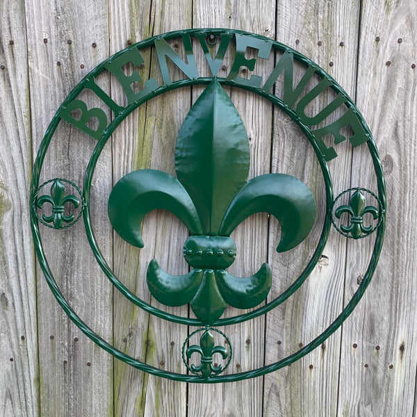 24", 32" GLOSSY HUNTER GREEN FLEUR DE LIS BIENVENUE METAL WALL ART WESTERN HOME DECOR