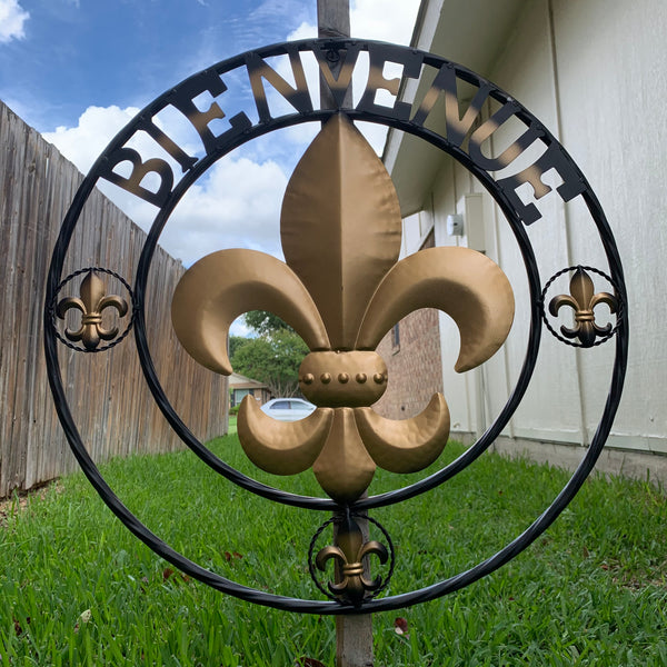 BIENVENUE FLEUR DE LIS METAL WALL ART WESTERN HOME DECOR RUSTIC GOLD & BLACK NEW--FREE SHIPPING