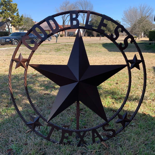 #EH11085 GOD BLESS TEXAS BROWN BARN STAR METAL LONE STAR TWISTED ROPE RING WESTERN HOME DECOR HANDMADE NEW