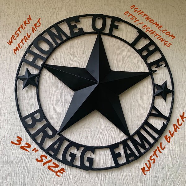 BRAGG STYLE YOUR CUSTOM NAME HOME OF FAMILY STAR METAL BARN STAR 3d TWISTED ROPE RING WESTERN HOME DECOR NEW HANDMADE 24",32",34",36",40",42",44",46",50"