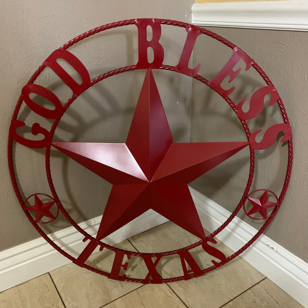 24",32",40",50" BURGUNDY RED GOD BLESS TEXAS BARN STAR ROPE RING METAL WALL ART WESTERN HOME DECOR NEW