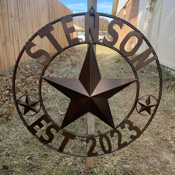 STENSON STYLE YOUR CUSTOM STAR NAME BARN METAL STAR 3d TWISTED ROPE RING WESTERN HOME DECOR RUSTIC BRONZE COPPER NEW HANDMADE 24",32",34",36",40",42",44",46",50"