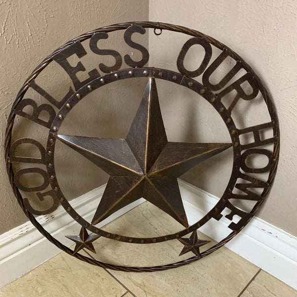 24" GOD BLESS OUR HOME BEADED BARN STAR WITH TWISTED ROPE RING DESIGN METAL WALL ART WESTERN HOME DECOR VINTAGE RUSTIC DARK BRONZE COPPER NEW