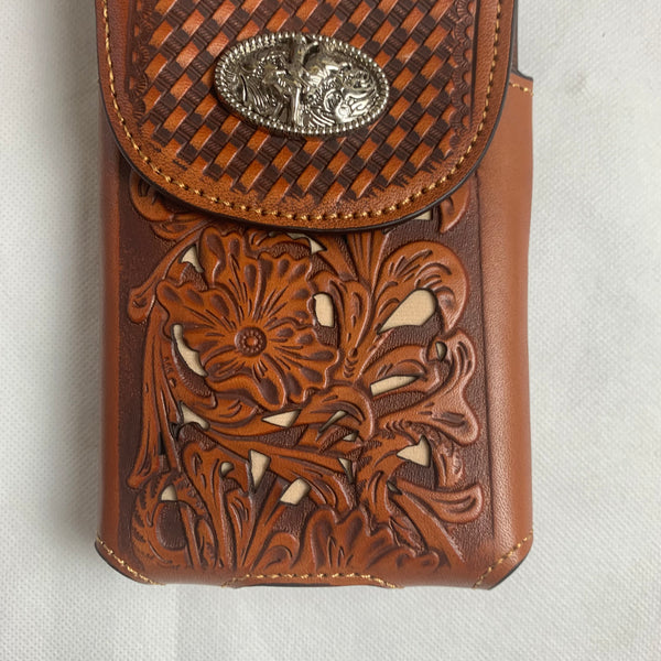 #LG2003 7.5" RODEO TAN BROWN & BEIGE LEATHER POUCH EXTRA LARGE  BELT LOOP HOLSTER CELL PHONE CASE UNIVERSAL OVERSIZE