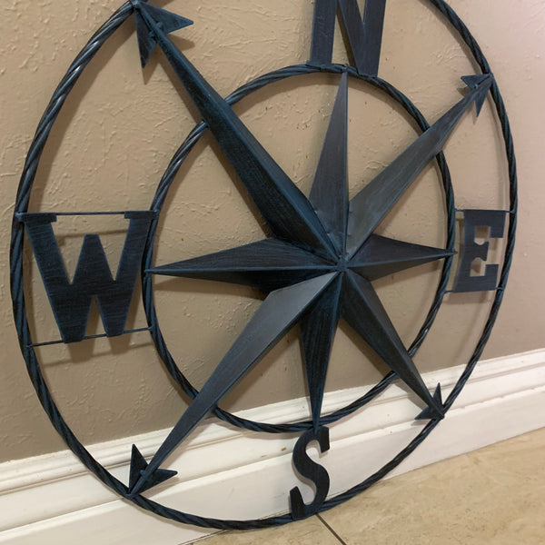 #SI_B8235 COMPASS NAVY BLUE 24" METAL SIGN WESTERN HOME DECOR HANDMADE NEW