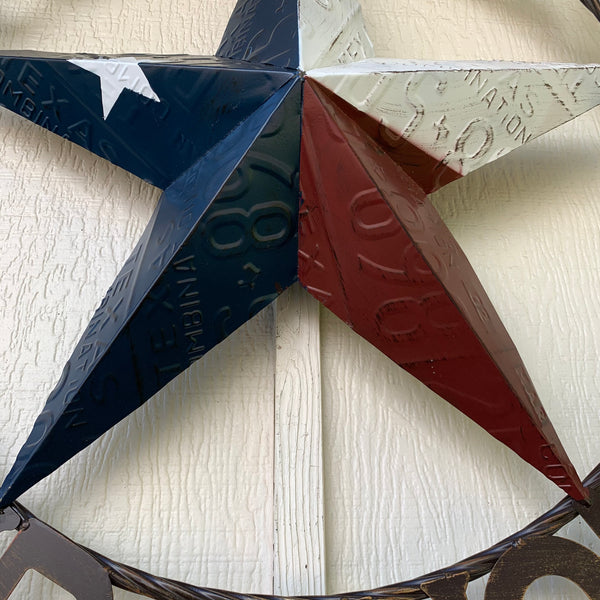 24", 32", 40" GOD BLESS OUR HOME LICENSE PLATE BARN METAL STAR ROPE RING WALL ART WESTERN HOME DECOR RED WHITE & BLUE