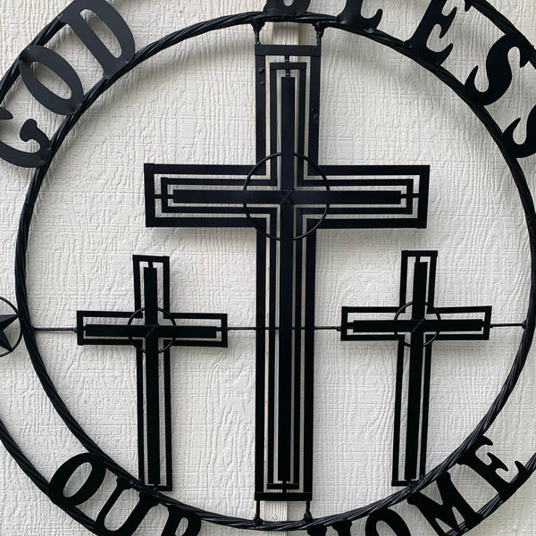 40"GOD BLESS OUR HOME CRUCIFIX CROSS METAL WALL ART BLACK HANDMADE NEW