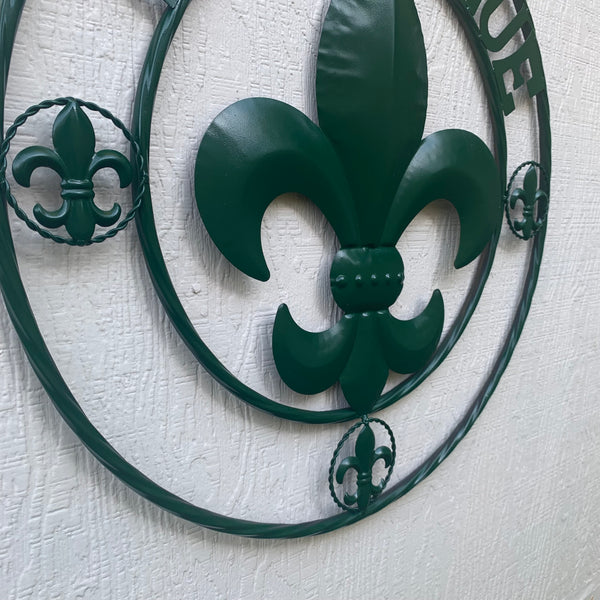 24", 32" GLOSSY HUNTER GREEN FLEUR DE LIS BIENVENUE METAL WALL ART WESTERN HOME DECOR