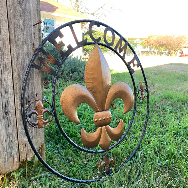 24", 32" WELCOME FLEUR DE LIS METAL WALL ART WESTERN HOME DECOR GOLD & BLACK