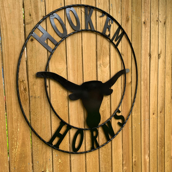 HOOKEM HORNS GLOSSY BLACK TEXAS LONGHORNS HOOK EM METAL CUSTOM VINTAGE CRAFT WALL ART TEAM SIGN HANDMADE