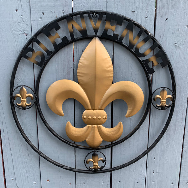 BIENVENUE FLEUR DE LIS METAL WALL ART WESTERN HOME DECOR RUSTIC GOLD & BLACK NEW--FREE SHIPPING