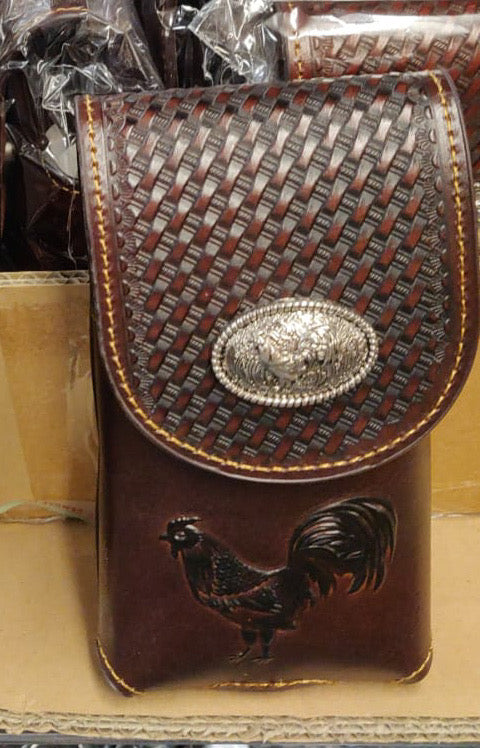 #LG703907  7" ROOSTER COFFEE BROWN EMBOSSED LEATHER POUCH EXTRA LARGE  BELT LOOP HOLSTER CELL PHONE CASE UNIVERSAL OVERSIZE--FREE SHIPPING