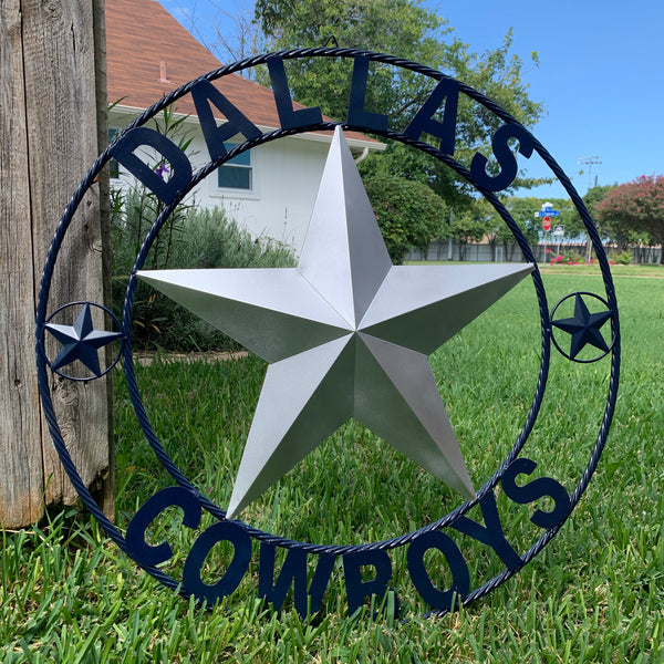 DALLAS COWBOYS SILVER & NAVY BLUE BARN STAR CUSTOM METAL VINTAGE LONE STAR WESTERN HOME DECOR HANDMADE SIZE:24",32",36",40",42",44",46",50"-#EH10156
