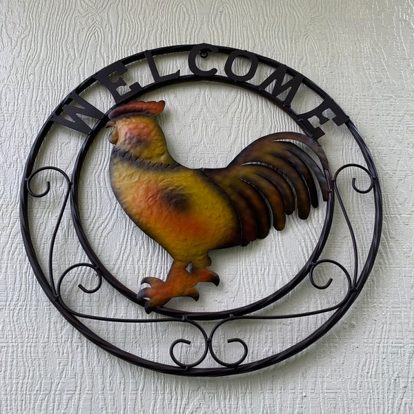 WELCOME 24" ROOSTER & METAL SCROLL STYLE WESTERN HOME DECOR HANDMADE NEW-#EH10143