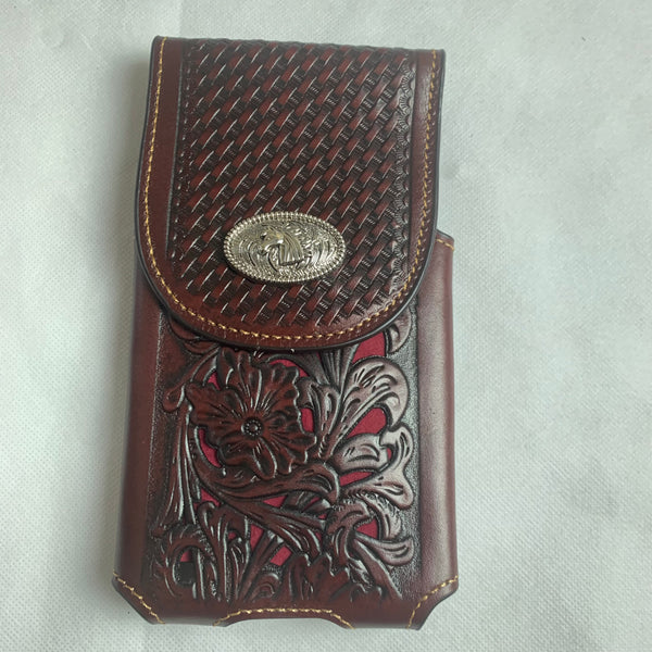#LG2004  7.5" HORSE COFFEE BROWN & RED LEATHER POUCH EXTRA LARGE  BELT LOOP HOLSTER CELL PHONE CASE UNIVERSAL OVERSIZE